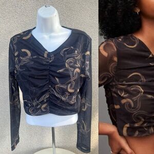 All Saints crop top Tessia Tempest black snake theme ruched chiffon Sz 8.